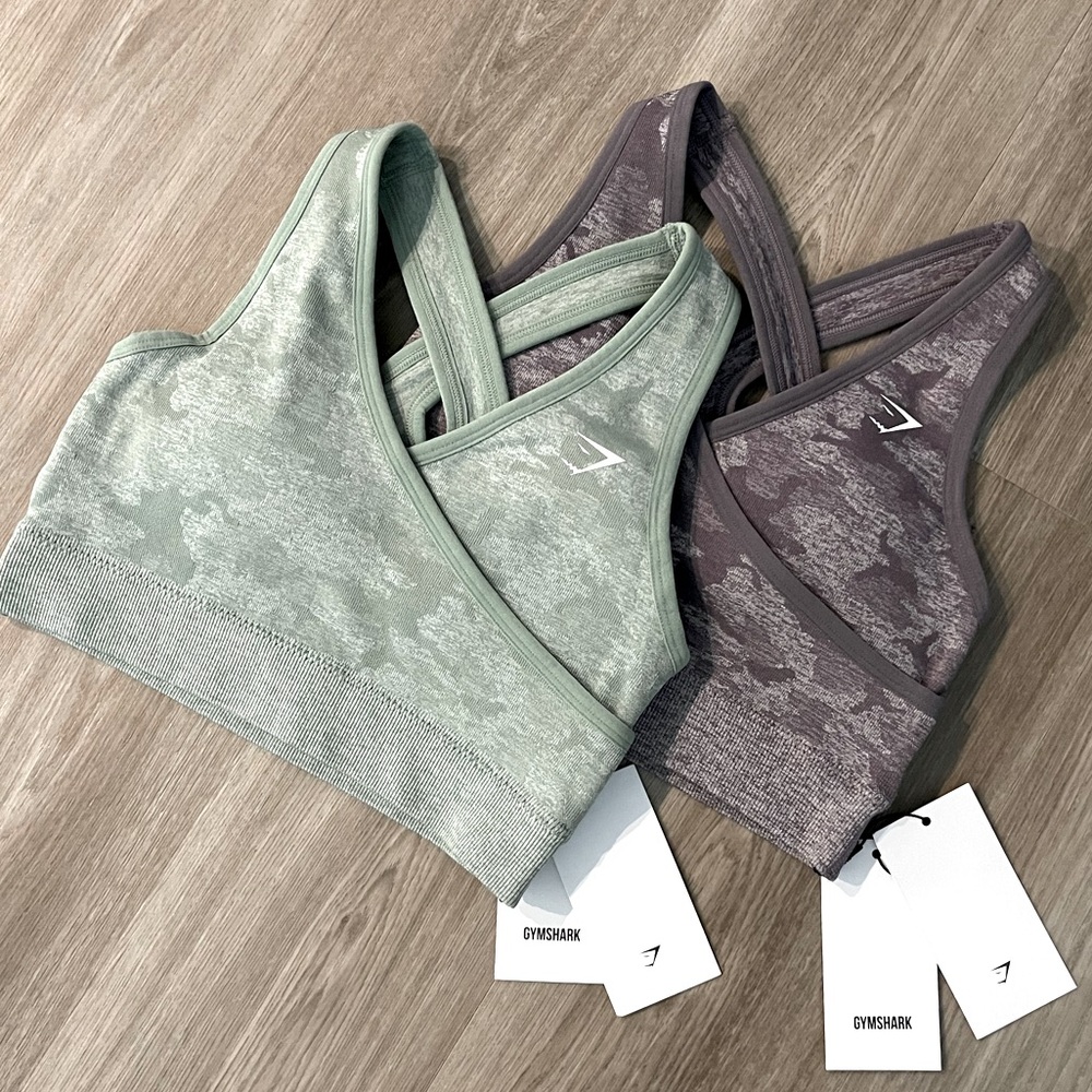Bundle 2 NWT Gymshark Seamless Camo Sports Bra Small Lavender Sage Green